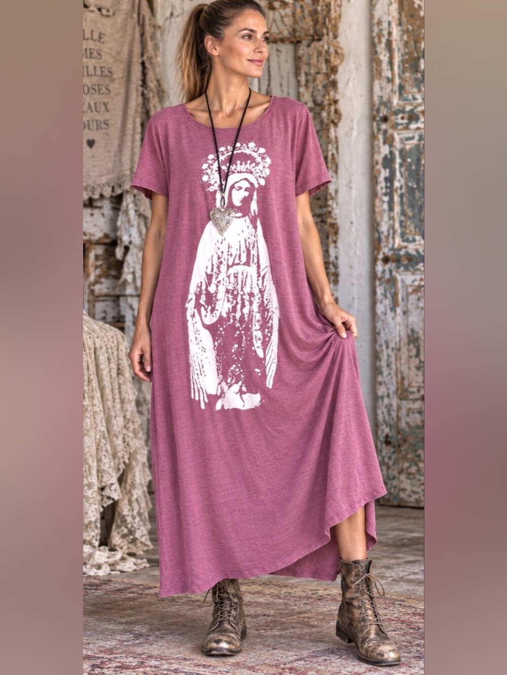 Magnolia Style Free Relaxed Mauve Graphic Long boho Cotton Dress with Pockets XL